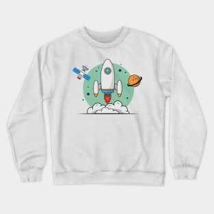 Rocket with Satellite and Planet Space Crewneck Sweatshirt